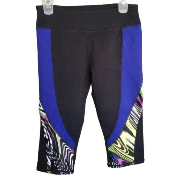 Fabletics Womens Cropped Leggings M Black Blue Midrise Athletic Yoga Workout - Picture 2 of 7